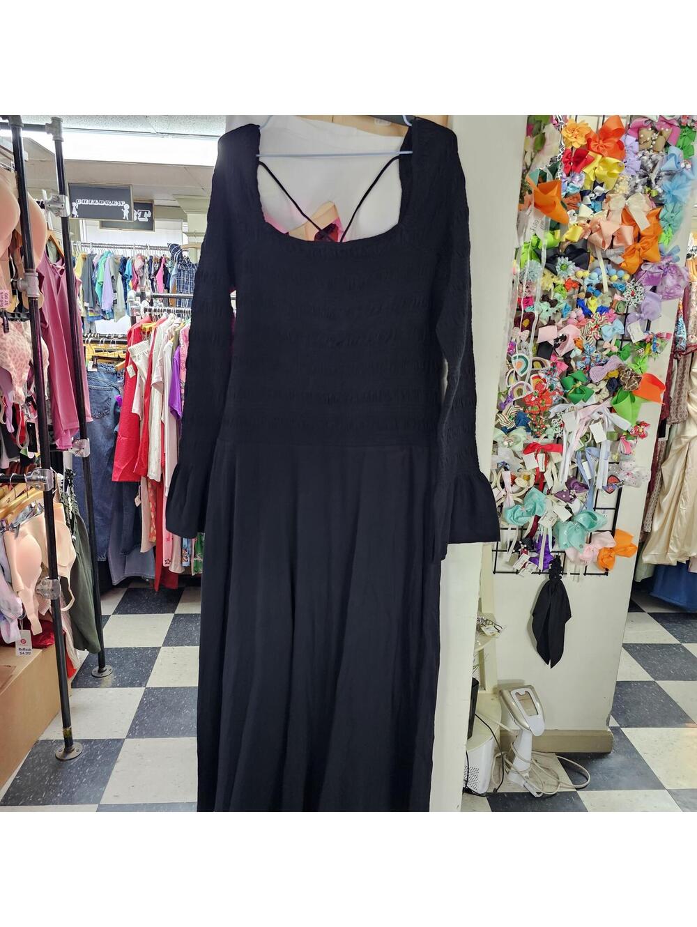Free People free-est Black Long Sleeve Smocked Maxi Dress Size L